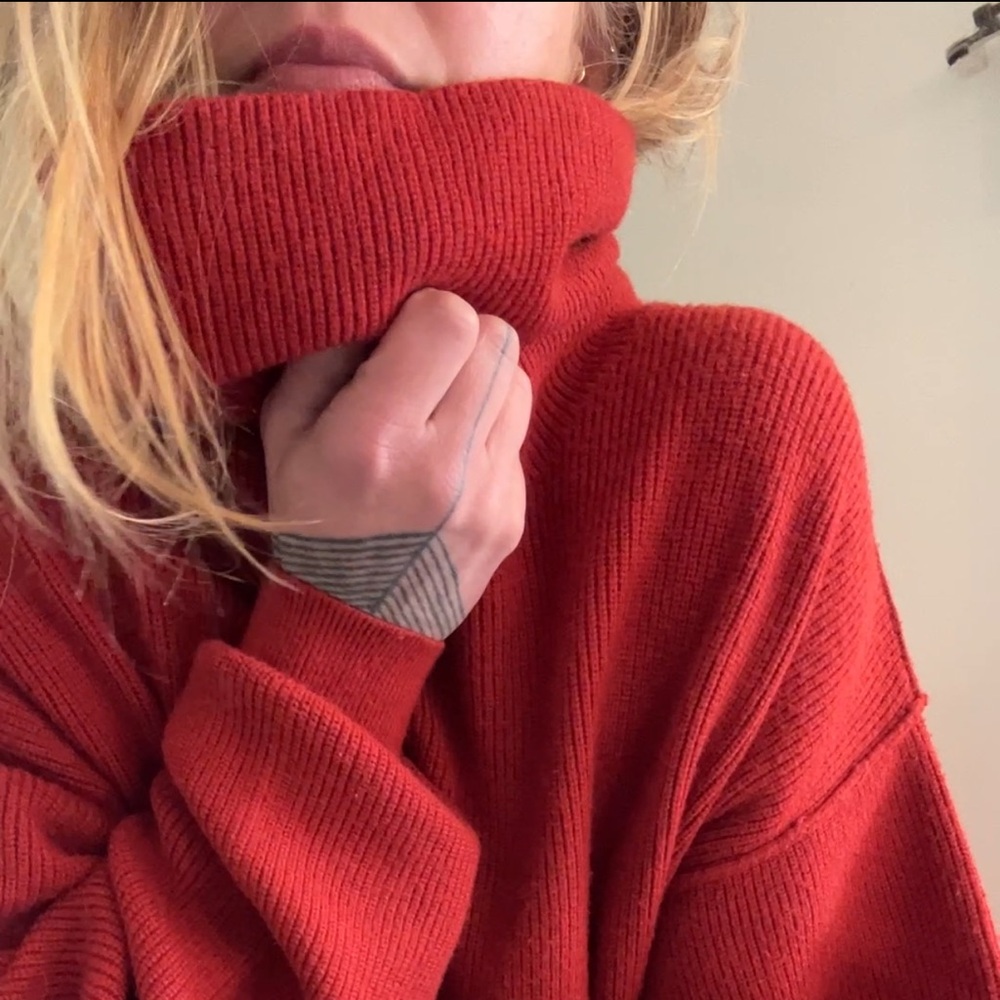 Cozy Tomato Red Turtleneck/Funnel Neck Women's Oversized Knit.